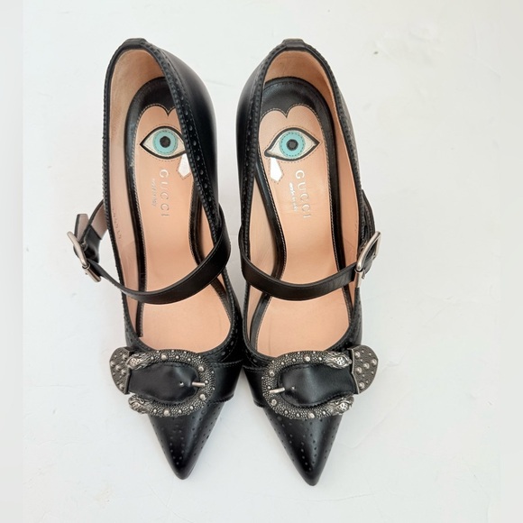 Gucci Black Leather Dionysus Perforated Mary Jane Pumps EU 37.5 - Picture 2 of 10